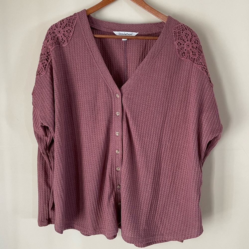 Davi & Dani Oversized Waffle Button Up Long Sleeve with Lace Detailing